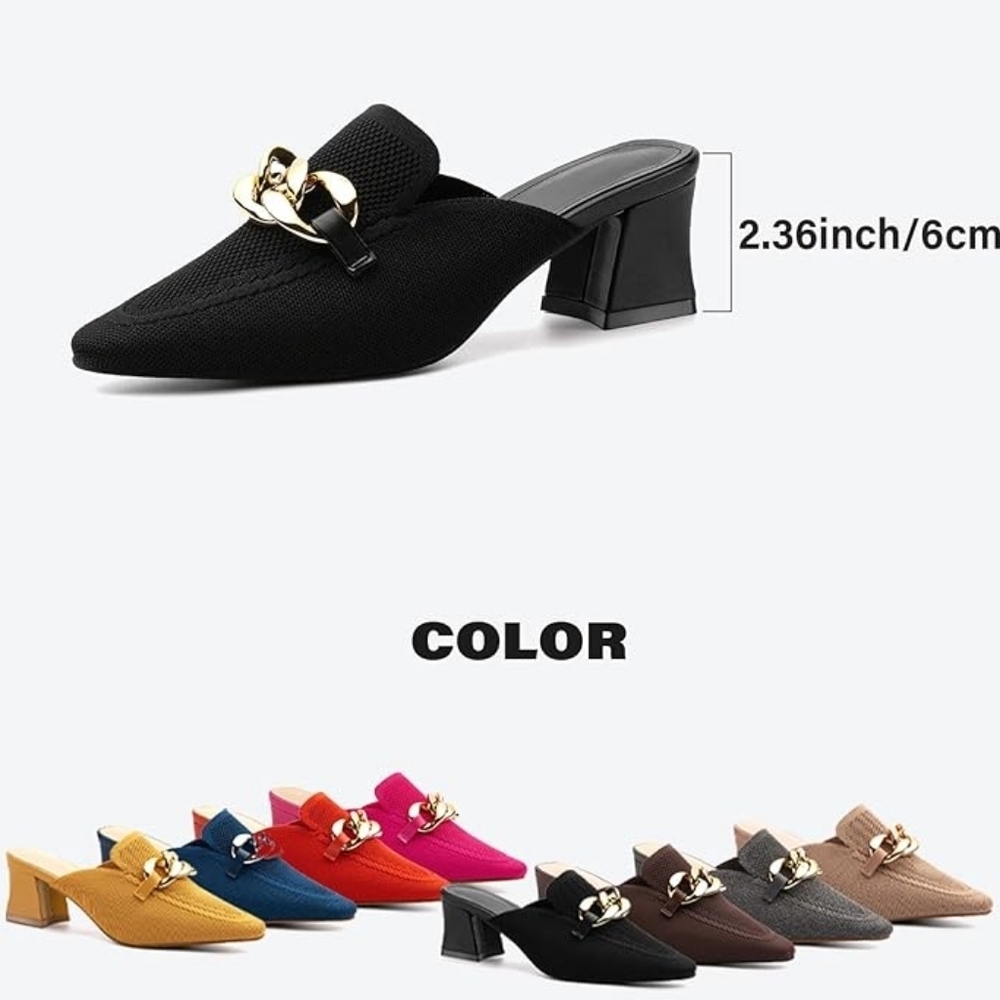Newbella Black Pointed Slip-On Mules with Gold Chain Accent - Picture 14 of 14
